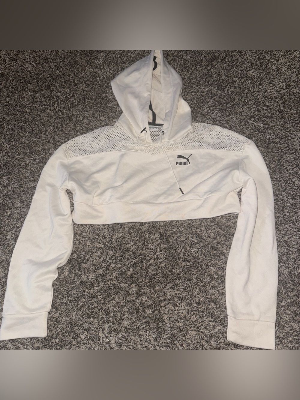 Puma Women’s Cream White Cropped Hooded Sweatshirt with Mesh Yoke